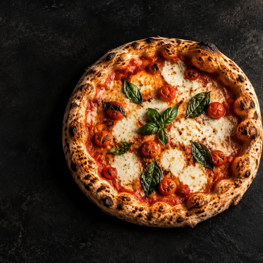 Nybakad pizza med mozzarella, tomat och basilika